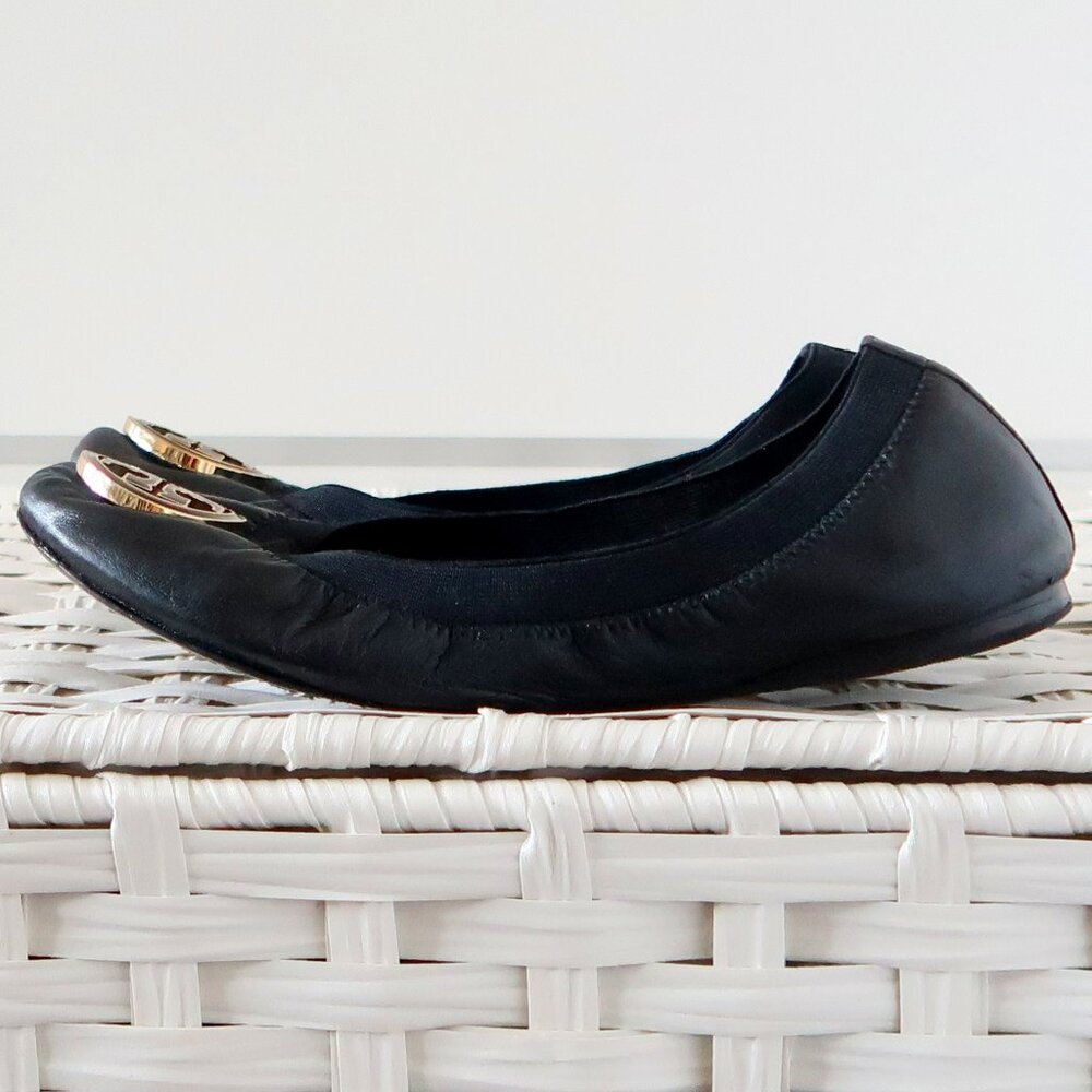 Tory Burch Black Leather Round Toe Ballet Flats Gold Logo Classic Designer Shoes - Picture 2 of 16